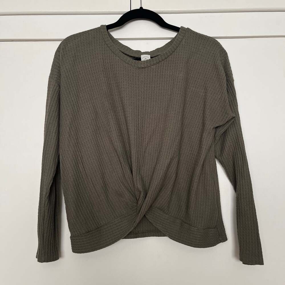 Paper Crane Women's Waffle Knit Ribbed Long Sleeve Crossover Faux Wrap Top
